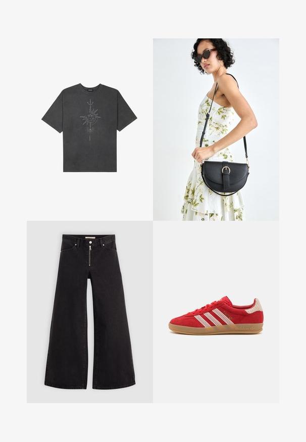 Sötétszürke, nagy méretű pamut póló, középen nap motívummal, aprólékos vonal részletekkel nyomtatva elöl.; Fekete denim széles szárú farmer, cipzáros elejével, öt zsebes kialakítással és diszkrét varrással. Sima textúra és laza stílus.; Piros velúr sportcipő fehér csíkokkal és textúrált díszítésekkel, gumitalp, fűzős záródás és hímzett részletek az oldalon.; Fekete bőrtáska ívelt formával, levehető pánttal és arany színű fémrészekkel. A táskán egy csattal díszített fedél található.