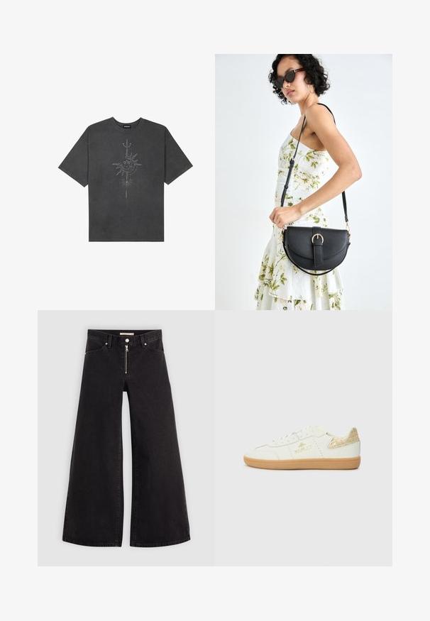 Tamno siva oversized majica od pamuka, s centralnom grafikom sunca s složenim linijskim detaljima ispisanim na prednjoj strani.; Široke traperice od crnog denima s prednjim zatvaračem, dizajnom s pet džepova i suptilnim detaljima šivanja. Glatka tekstura i ležeran stil.; Replay PYPER W TRADE - Tenisice - white; Crna kožna torba s lukovitim oblikom, odvojivim remenom i zlatnim detaljima. Torba ima preklop s kopčom.