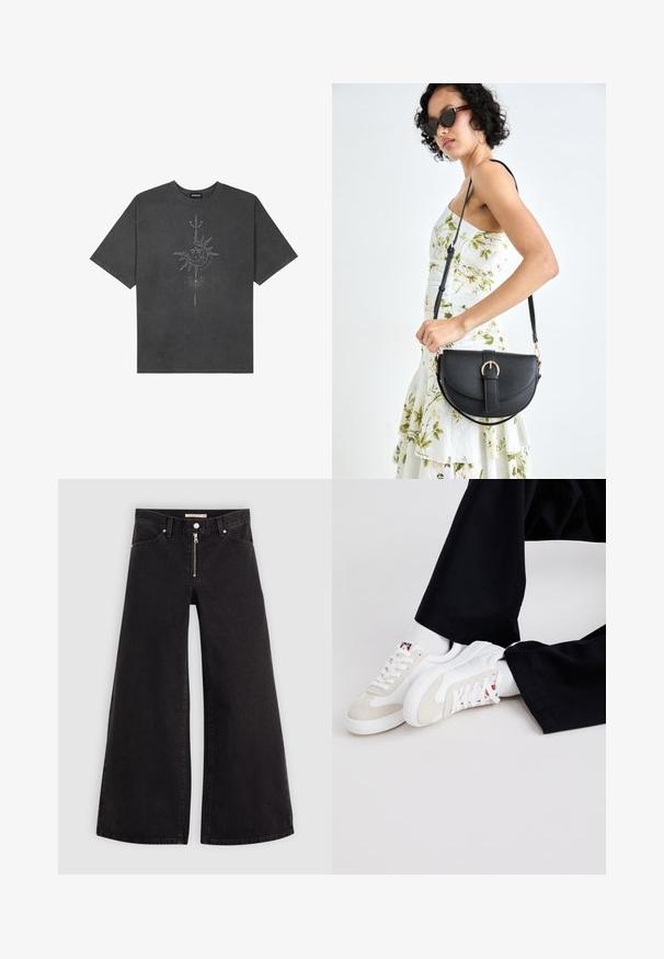 Camiseta de gran tamaño gris oscuro hecha de algodón, con un gráfico central de un sol con intrincados detalles lineales impresos en la parte frontal.; Jeans de pierna ancha en denim negro con cierre frontal, diseño de cinco bolsillos y detalles de costura sutiles. Textura suave y estilo casual.; Levi's® LEVI'S SNEAK S - Zapatillas - brilliant white; Bolso de piel negra con forma curva, correa desmontable y herrajes dorados. El bolso cuenta con una solapa con un detalle de hebilla.