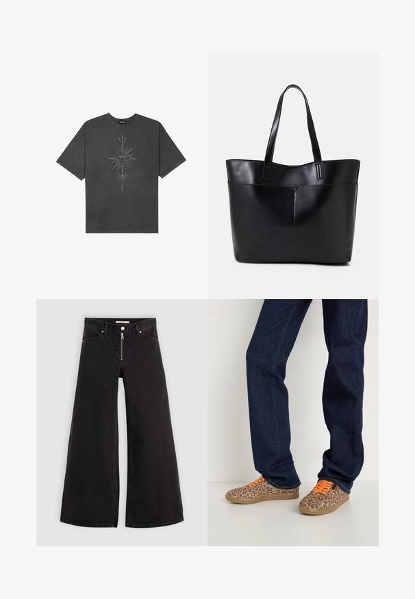 Mørkegrå oversized t-skjorte laget av bomull, med et sentralt solmotiv med intrikate linjedetaljer trykket på forsiden.; Vide benbukser i sort denim med glidelås i front, fem-lomme design og subtile sømdetaljer. Glatt tekstur og avslappet stil.; Leopardmønstrede sneakers med orange snørebånd, et struktureret tekstiloverdel og en lysebrunt gummisål, parret med mørkeblå denimjeans.; Svart lær toteveske med to lange håndtak, en glatt tekstur og en strukturert form. Har en frontlomme for ekstra oppbevaring.