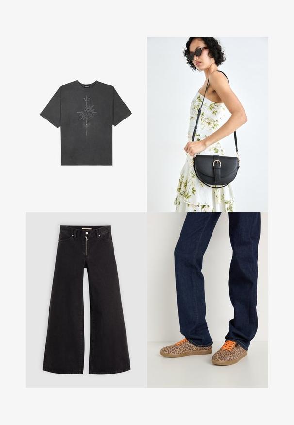 Tamsiai pilkas per didelis marškinėliai, pagaminti iš medvilnės, su centriniu saulės grafiku, turinčiu sudėtingus linijų detalizavimus, spaustu priekyje.; Plačios kojų džinsai iš juodo džinsinio audinio su užtrauktuku priekyje, penkių kišenių dizainu ir subtiliais siuvinėjimo akcentais. Lygus paviršius ir laisvalaikio stilius.; Leopardų rašto sportbačiai su oranžiniais raišteliais, tekstūruota audinio viršutinė dalis ir šviesiai rudas gumos padas, derinami su tamsiai mėlynais džinsais.; Juodas odinis krepšys su išlenkta forma, nuimamu dirželiu ir auksiniais detalėmis. Krepšys turi kilpą su sagtimi.