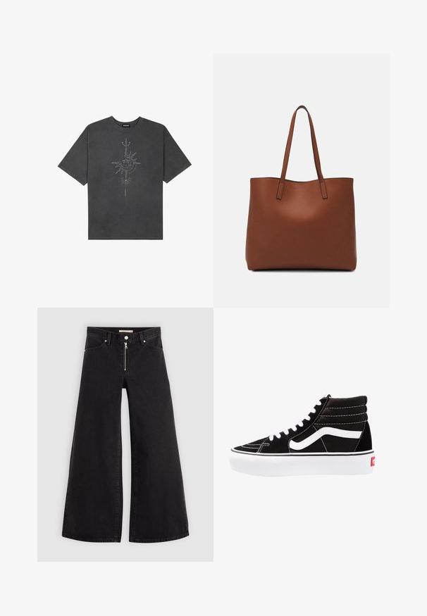 Dunkelgraues, oversized T-Shirt aus Baumwolle, das auf der Vorderseite mit einem zentralen Sonnenmotiv und komplexen Liniendetails bedruckt ist.; Schwarze Denim-Jeans mit weitem Bein, Reißverschluss vorne, Fünf-Taschen-Design und dezenten Stickdetails. Glatte Textur und lässiger Stil.; Schwarze High-Top-Sneaker mit weißen Schnürsenkeln, einem weißen Logo und kontrastierendem weißen Nähten. Verfügt über eine dicke weiße Sohle und ein strukturiertes Wildleder-Obermaterial.; Braune Leder-Tote mit glatter Textur, offenem Oberteil und zwei Schulterriemen. Verfügt über minimale Nähte und keine sichtbaren Beschläge.