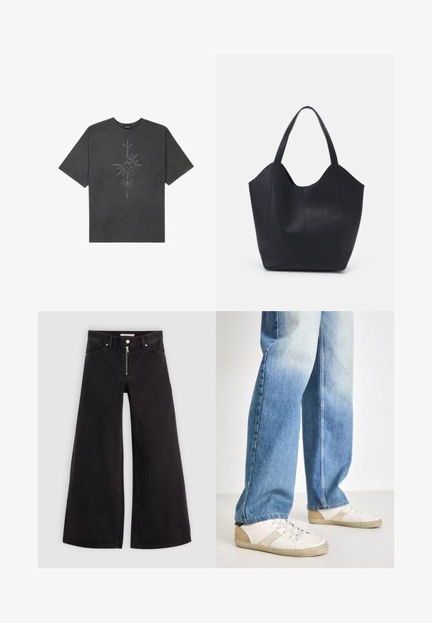 Tmavosivý oversized tričko vyrobené z bavlny, s centrálnou grafikou slnka s prepracovanými líniovými detailmi potlačenými na prednej strane.; Dlhé nohavice vo voľnom strihu z čierneho denimu so zipsom vpredu, päť vrecúškovým dizajnom a jemnými stehovými detailmi. Hladká textúra a neformálny štýl.; Biele tenisky s béžovými akcentmi a textúrovanými detailami, kombinované s svetlomodrými, mierne poškodenými džínsami v voľnom strihu.; Čierna taška s dlhým uchom vyrobená z hladkej kože, s oblým otvoreným vrchom a dvoma ramennými popruhmi, minimalistického dizajnu.