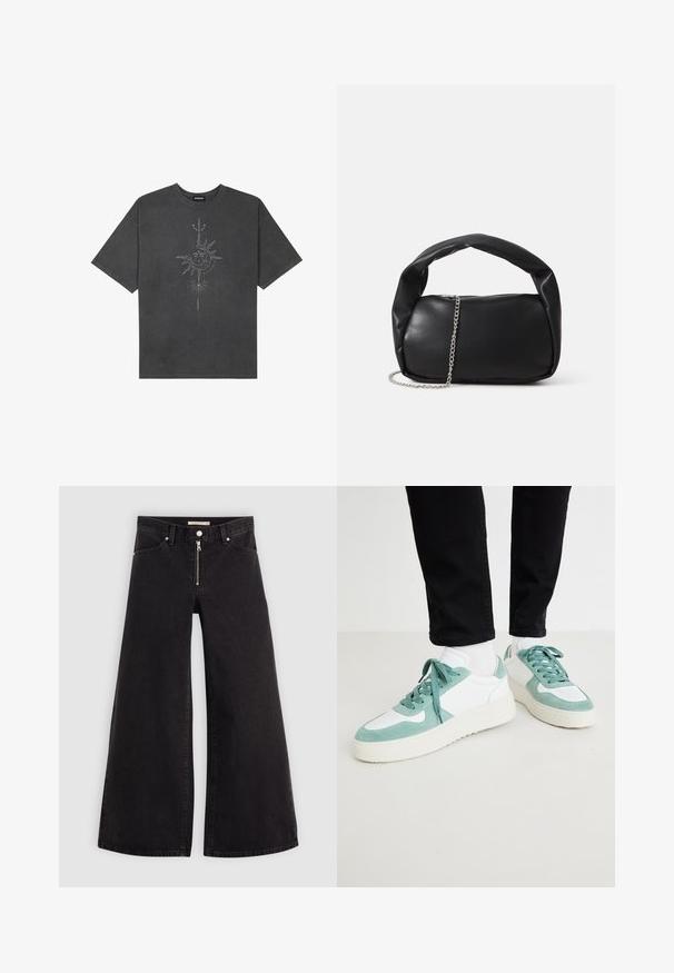 Dunkelgraues, oversized T-Shirt aus Baumwolle, das auf der Vorderseite mit einem zentralen Sonnenmotiv und komplexen Liniendetails bedruckt ist.; Schwarze Denim-Jeans mit weitem Bein, Reißverschluss vorne, Fünf-Taschen-Design und dezenten Stickdetails. Glatte Textur und lässiger Stil.; Hellmintgrüne und weiße Sneakers aus Wildleder und Mesh-Materialien, mit einer strukturierten Sohle und passenden Schnürsenkeln. Mit perforierten Details akzentuiert.; Schwarze Lederhandtasche mit runder Form, dickem Griff und einem silbernen Kettenriemen. Glatte Textur mit leichtem Glanz.