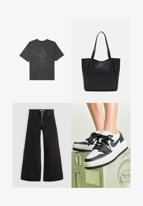 Dark gray oversized t-shirt made of cotton, featuring a central sun graphic with intricate line details printed on the front.; Wide-leg jeans in black denim with a zippered front, five-pocket design, and subtle stitching details. Smooth texture and casual style.; Black and white leather sneakers with perforated toe box, flat black laces, and white midsole over textured black rubber outsole.; Black tote bag made of smooth synthetic material, featuring two long handles and a front slip pocket. Open top with angular design.