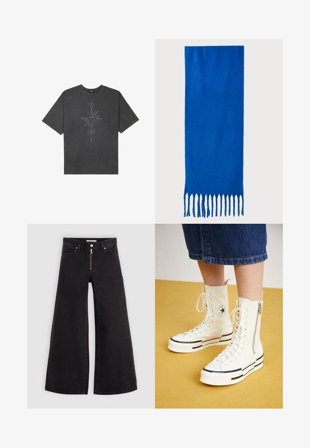 Mørkegrå oversized t-skjorte laget av bomull, med et sentralt solmotiv med intrikate linjedetaljer trykket på forsiden.; Vide benbukser i sort denim med glidelås i front, fem-lomme design og subtile sømdetaljer. Glatt tekstur og avslappet stil.; Hvite høyhælte sneakers med glidelås, snøring og svarte stripeakenter på en tykk såle. Teksturet kanvasmateriale.; Blå frynset skjerf laget av myk stoff; har en ensfarget overflate med en teksturert overflate og jevnt klipte frynser nederst.