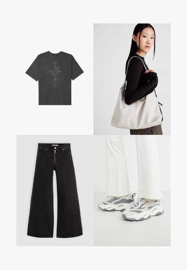 Tmavě šedé oversized tričko vyrobené z bavlny, s centrálním slunečním grafickým motivem s propracovanými liniemi potištěným na přední straně.; Džíny s širokými nohavicemi v černém denimovém provedení se zipem vpředu, pěti kapsami a jemnými švy. Hladká textura a ležérní styl.; Masivní atletické sneakers v světle šedé barvě, kombinující síťovinu a textilní materiály, s vzorovanými akcenty a silnou gumovou podrážkou.; Beige kabelka vyrobená z měkkého materiálu, s volným designem, prošívanými detaily a dvěma ramenními popruhy. Vhodná pro každodenní použití.