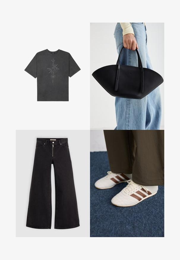 Mörkgrå överdimensionerad t-shirt i bomull, med en central solgrafik med intrikata linjedetaljer tryckta på framsidan.; Breda jeans i svart denim med dragkedja fram, femfickorsdesign och subtila sömdetaljer. Slät textur och avslappnad stil.; Vita sneakers med bruna ränder som bärs med bruna byxor på en blått heltäckande matta.; Svart läderhandväska med en unik fläktform, som har platta handtag. Ytan har en pebblad textur och en minimalistisk design.