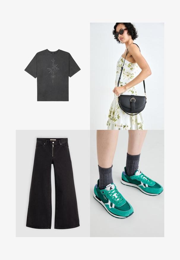Dark gray oversized t-shirt made of cotton, featuring a central sun graphic with intricate line details printed on the front.; Wide-leg jeans in black denim with a zippered front, five-pocket design, and subtle stitching details. Smooth texture and casual style.; Green suede and fabric sneakers with white accents, contrasting laces, and a purple heel detail, paired with dark gray ribbed socks.; Black leather handbag with a curved shape, detachable strap, and gold hardware. The bag features a flap with a buckle detail.
