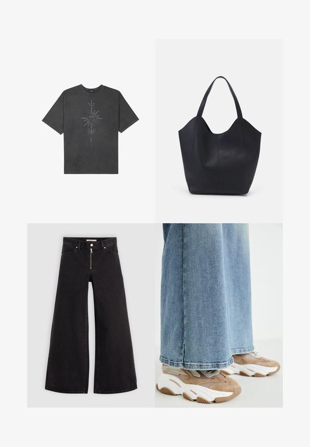Dark gray oversized t-shirt made of cotton, featuring a central sun graphic with intricate line details printed on the front.; Wide-leg jeans in black denim with a zippered front, five-pocket design, and subtle stitching details. Smooth texture and casual style.; Steve Madden POSSESSIONE - Trainers - oatmeal; Black tote bag made of smooth leather, featuring a curved, open top with two shoulder straps and a minimalist design.