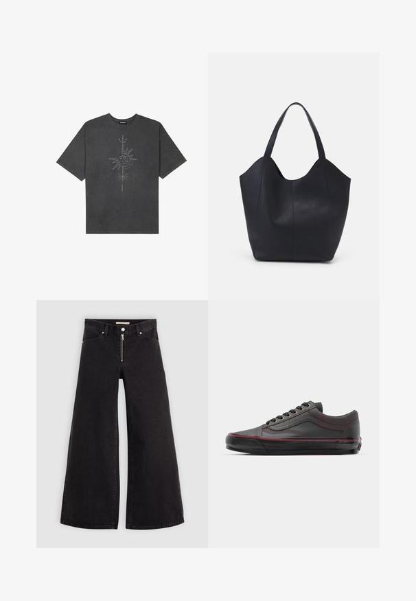 Musta harmaa ylisuurennettu t-paita, joka on valmistettu puuvillasta ja jossa on keskellä aurinkokuvio, jossa on monimutkaisia viivadetaileja painettuna etupuolelle.; Mustat leveälahkeiset farkut, joissa on vetoketjufrunti, viisi-taskuinen muotoilu ja hienovaraiset ompelusyyt. Sileä pinta ja rento tyyli.; Mustat nahkakengät maroon-vivahteilla, pyöreä kärki, nauhakuvio, näkyvät saumat ja teksturoitu kumipohja.; Mustat kangaskassit, jotka on valmistettu sileästä nahasta, jossa on kaareva, avoin yläosa, kaksi olkahihnaa ja minimalistinen muotoilu.