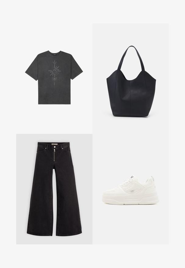 Tumehall pehmea t-särk, mis on valmistatud puuvillast, esiküljel on keeruliste joontega trükitud keskmine päikesegraafika.; Laiad teksad mustast denimist, millel on lukuga eesmine osa, viie taskuga disain ja peened õmblusdetailid. Sile tekstuur ja juhuslik stiil.; Buffalo JADE - Tossud - white; Must must kinnas must rinna, millel on kaarjas avatud ülemine osa, kaks õlarihma ja minimalistlik disain.