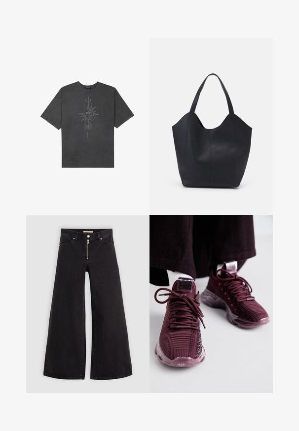 Dark gray oversized t-shirt made of cotton, featuring a central sun graphic with intricate line details printed on the front.; Wide-leg jeans in black denim with a zippered front, five-pocket design, and subtle stitching details. Smooth texture and casual style.; Burgundy athletic shoes with mesh upper, textured detailing, round laces, and clear rubber sole; features a logo on the tongue and heel.; Black tote bag made of smooth leather, featuring a curved, open top with two shoulder straps and a minimalist design.