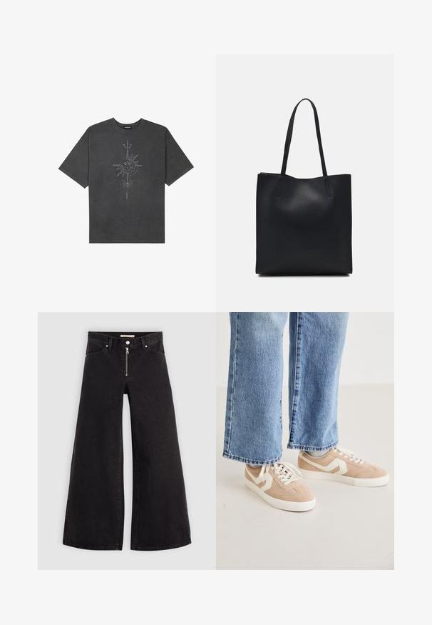 Mørkegrå oversized t-skjorte laget av bomull, med et sentralt solmotiv med intrikate linjedetaljer trykket på forsiden.; Vide benbukser i sort denim med glidelås i front, fem-lomme design og subtile sømdetaljer. Glatt tekstur og avslappet stil.; Beige semskinn sneakers med hvite detaljer, flat gummisåle og snøring. Bært med lyseblå vide jeans.; Svart lær tote bag med glatt tekstur, rektangulær form og to lange håndtak. Ingen synlige deler eller dekorasjoner.