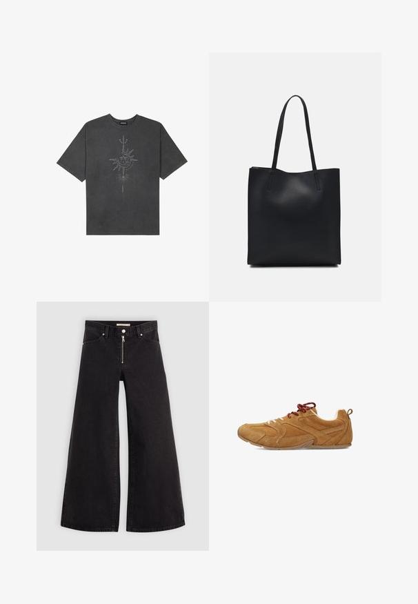 Donkergrijze oversized t-shirt van katoen, voorzien van een centrale zonafbeelding met ingewikkelde lijndetails die op de voorkant zijn gedrukt.; Wijdvallende jeans van zwarte denim met een ritssluiting aan de voorkant, vijf zakken en subtiele stikdetails. Soepele textuur en casual stijl.; Tan suède schoenen met een textuur, voorzien van witte en rode veters, een ronde neus en een flexibele rubberen zool.; Zwarte leren handtas met een gladde textuur, rechthoekige vorm en twee lange handvaten. Geen zichtbare hardware of versieringen.