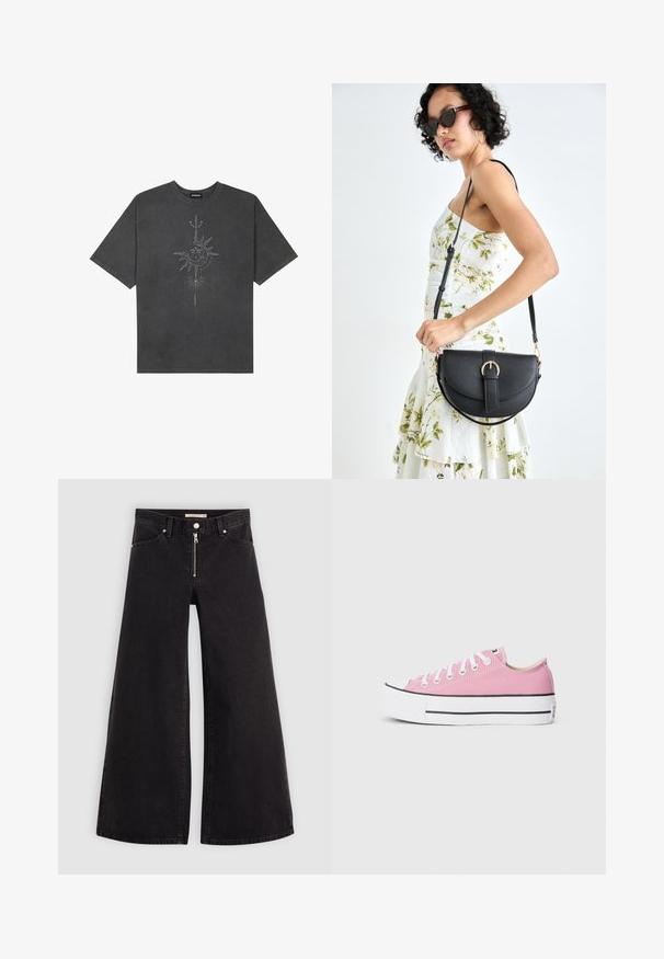 Tumši pelēks, pārspīlēts T-krekls, izgatavots no kokvilnas, ar centrālo saules grafiku ar sarežģītām līniju detaļām, kas izdrukātas priekšpusē.; Platas kājas džinsi melnā džinsa audumā ar rāvējslēdzēju priekšā, piecu kabatu dizains un smalkas šuvju detaļas. Gluda tekstūra un ikdienišķs stils.; Rozā auduma sporta apavi ar klasisku zemu dizainu, baltu gumijas purngalu un melniem akcents svītrām uz zoles. Atslēgta balta lentu.; Melnas ādas rokassoma ar izliekta formu, noņemamu siksnu un zelta aksesuāriem. Somai ir vāciņš ar sprādzes detaļu.