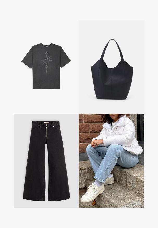 Tricou oversized de culoare gri închis, realizat din bumbac, având un grafic central cu soare, cu detalii complexe imprimat pe față.; Jeans cu picioare largi din denim negru, cu fermoar în față, design cu cinci buzunare și detalii subtile de cusătură. Textură netedă și stil casual.; Jachetă pufoasă albă cu guler înalt, blugi din denim albastru deschis și adidași Reebok albi. Scări din piatră texturată în fundal.; Geantă de umăr neagră, realizată din piele netedă, cu un design minimalist, având un vârf deschis curbat și două mânere pentru umăr.