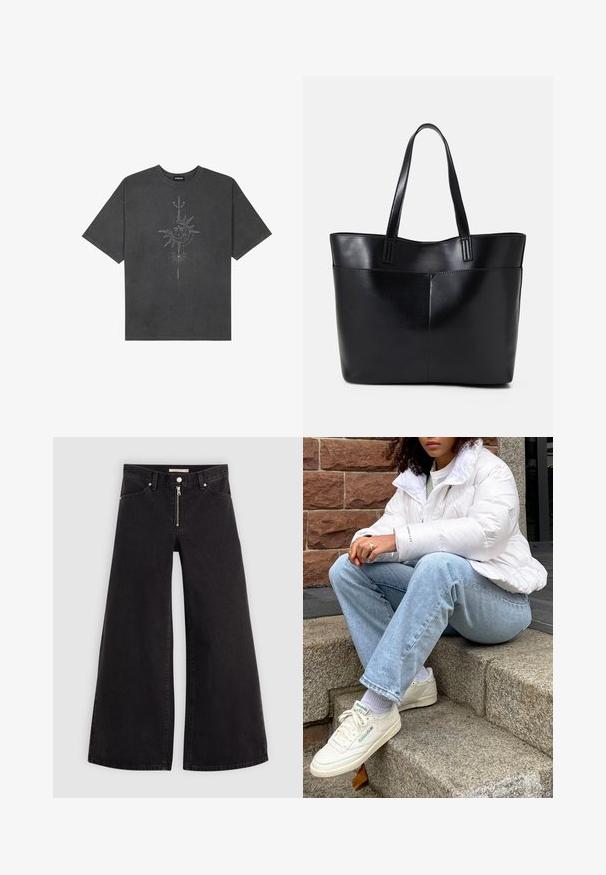 T-shirt oversized cinza escuro feito de algodão, apresentando um gráfico central do sol com detalhes de linhas intrincadas impressos na frente.; Calças de ganga de perna larga em denim preto com fecho éclair à frente, design de cinco bolsos e detalhes de costura subtil. Textura suave e estilo casual.; Casaco puff branco com gola alta, calças de ganga azul claro e ténis brancos da Reebok. Degraus de pedra texturizados ao fundo.; Bolsa tote preta em couro com duas alças longas, textura suave e forma estruturada. Apresenta um bolso frontal para armazenamento adicional.