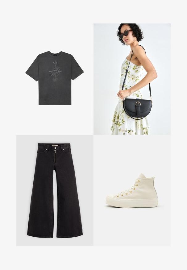 Sötétszürke, nagy méretű pamut póló, középen nap motívummal, aprólékos vonal részletekkel nyomtatva elöl.; Fekete denim széles szárú farmer, cipzáros elejével, öt zsebes kialakítással és diszkrét varrással. Sima textúra és laza stílus.; Krém bőr, arany fűzőlyukakkal készült, magas szárú sportcipők, struktúrált felülettel. Gumitalppal és kerek orral rendelkezik.; Fekete bőrtáska ívelt formával, levehető pánttal és arany színű fémrészekkel. A táskán egy csattal díszített fedél található.