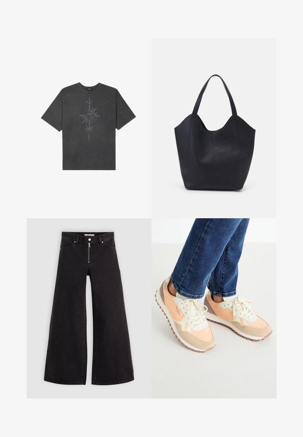 Tumehall pehmea t-särk, mis on valmistatud puuvillast, esiküljel on keeruliste joontega trükitud keskmine päikesegraafika.; Laiad teksad mustast denimist, millel on lukuga eesmine osa, viie taskuga disain ja peened õmblusdetailid. Sile tekstuur ja juhuslik stiil.; Kerged jalatsid virsiku ja koorevärvis, suede ja võrgumaterjaliga, paelaga kinnitamine ja kummist tald, millel on haardevõime.; Must must kinnas must rinna, millel on kaarjas avatud ülemine osa, kaks õlarihma ja minimalistlik disain.