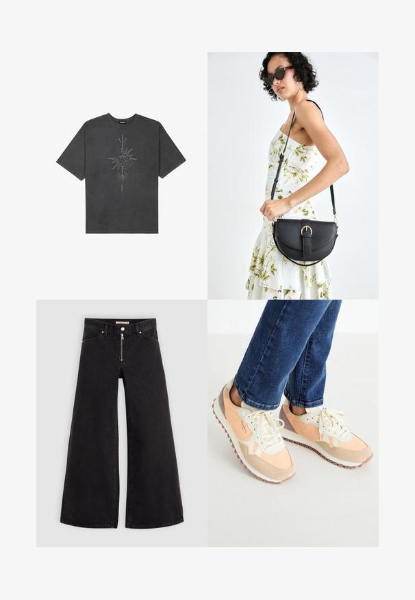 Tricou oversized de culoare gri închis, realizat din bumbac, având un grafic central cu soare, cu detalii complexe imprimat pe față.; Jeans cu picioare largi din denim negru, cu fermoar în față, design cu cinci buzunare și detalii subtile de cusătură. Textură netedă și stil casual.; Sneakers ușoare în nuanțe de piersică și crem, cu material din suede și plasă, design cu șireturi și talpă din cauciuc cu aderență.; Geantă din piele neagră, cu o formă curbată, curea detașabilă și accesorii aurii. Geanta are un capac cu un detaliu tip cataramă.