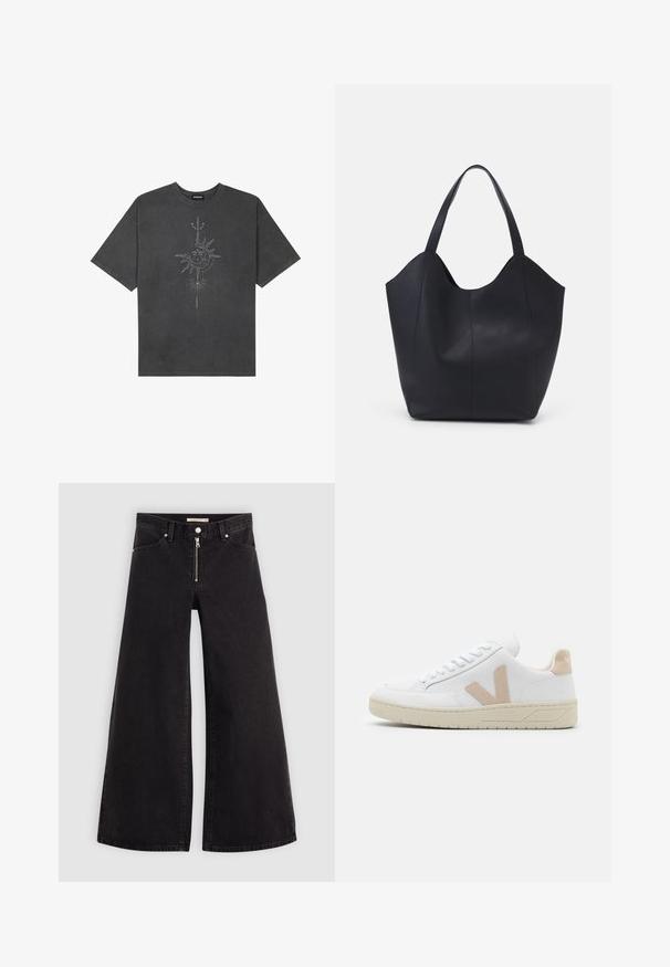 Ciemnoszara, oversize koszulka wykonana z bawełny, z centralnym nadrukiem graficznym słońca z misternymi detalami na przedzie.; Jeans o szerokich nogawkach w czarnym denienie z zamkiem błyskawicznym z przodu, pięcioma kieszeniami i subtelnymi detalami przeszycia. Gładka tekstura i swobodny styl.; Białe sneakersy z beżowymi zamszowymi akcentami, okrągły czubek i białe sznurówki. Teksturowana gumowa podeszwa oraz detal z logo na pięcie.; Czarna torba na ramię wykonana z gładkiej skóry, z zaokrąglonym, otwartym topem i dwoma paskami na ramię oraz minimalistycznym designem.