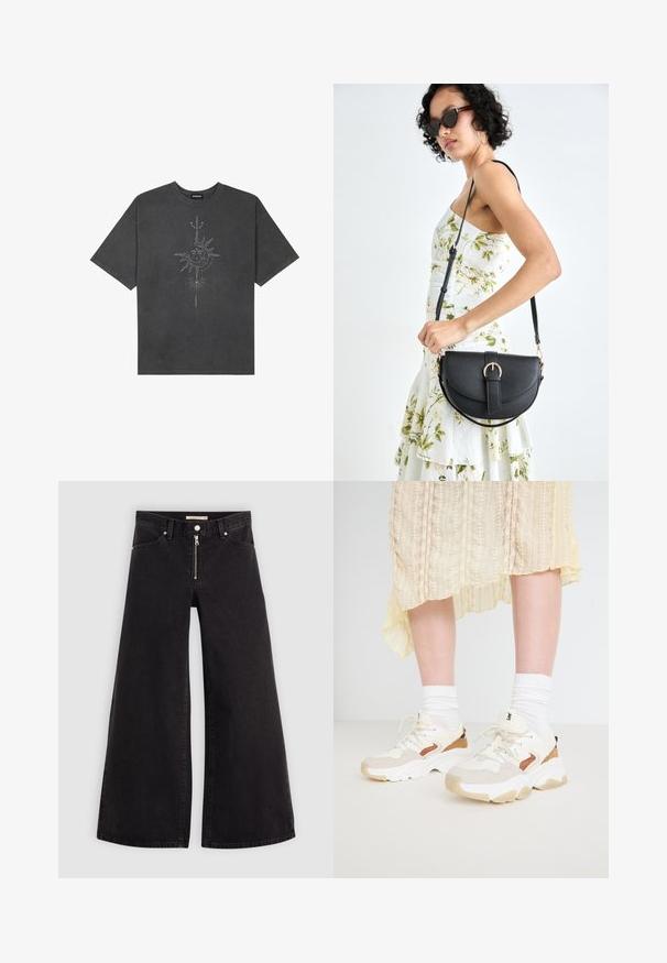 Tamsiai pilkas per didelis marškinėliai, pagaminti iš medvilnės, su centriniu saulės grafiku, turinčiu sudėtingus linijų detalizavimus, spaustu priekyje.; Plačios kojų džinsai iš juodo džinsinio audinio su užtrauktuku priekyje, penkių kišenių dizainu ir subtiliais siuvinėjimo akcentais. Lygus paviršius ir laisvalaikio stilius.; Lee BRIELLE - Sportbačiai - bright white; Juodas odinis krepšys su išlenkta forma, nuimamu dirželiu ir auksiniais detalėmis. Krepšys turi kilpą su sagtimi.