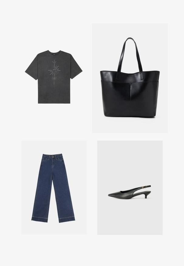 Tumehall pehmea t-särk, mis on valmistatud puuvillast, esiküljel on keeruliste joontega trükitud keskmine päikesegraafika.; Laiad püksid tumedast sinisest denimist. Omab viit taskut, vöölõke ja toore äärega allosas, kus on nähtavad õmblused.; Must musta säärega king, mis on valmistatud siledast nahast. Omab peenikest kontsa ja reguleeritaval rihmal on pandla detail.; Must mustaga musta nahast, millel on kaks pikka kanda, sile tekstuur ja struktureeritud kuju. Esipoolsel on lisakoti jaoks tasku.