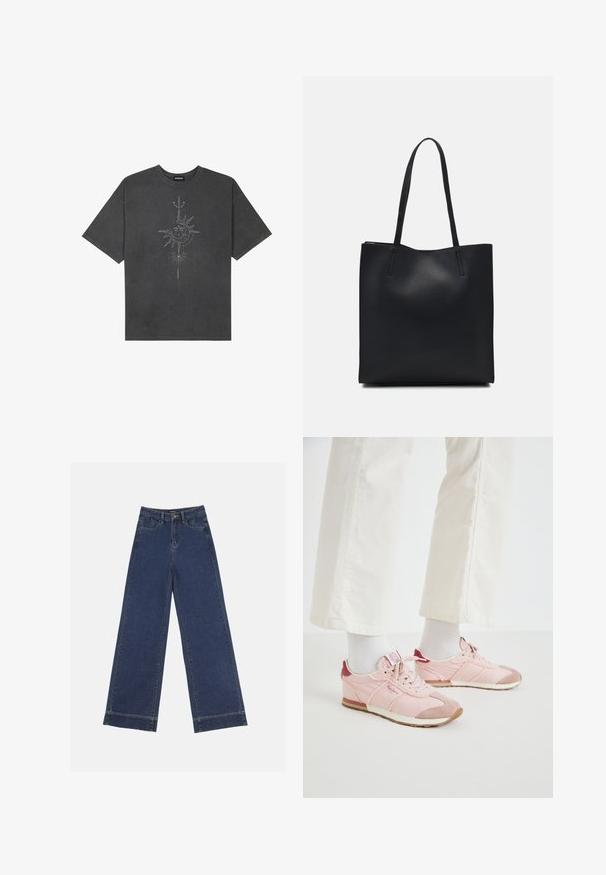 Tmavě šedé oversized tričko vyrobené z bavlny, s centrálním slunečním grafickým motivem s propracovanými liniemi potištěným na přední straně.; Džíny s širokými nohavicemi v tmavě modrém denimovém provedení. Disponují pěti kapsami, poutky na opasek a surovým lemem na spodní straně s viditelnými detailem šití.; Růžové sportovní boty kombinující hladké a texturované materiály. Mezi rysy patří vínová akcentace na patě a bílá gumová podrážka.; Černá kožená taška přes rameno s hladkým povrchem, obdélníkovým tvarem a dvěma dlouhými uchy. Žádné viditelné kování ani ozdoby.
