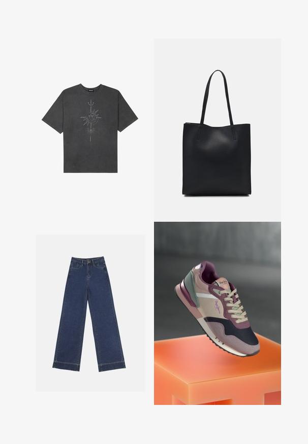 Dark gray oversized t-shirt made of cotton, featuring a central sun graphic with intricate line details printed on the front.; Wide-leg jeans in dark blue denim. Features five pockets, belt loops, and a raw hem at the bottom with visible stitching details.; Sneaker with a mix of mauve, pink, and navy blue hues; fabric and leather materials; layered design; prominent logo, and textured accents.; Black leather tote bag with smooth texture, rectangular shape, and two long handles. No visible hardware or embellishments.
