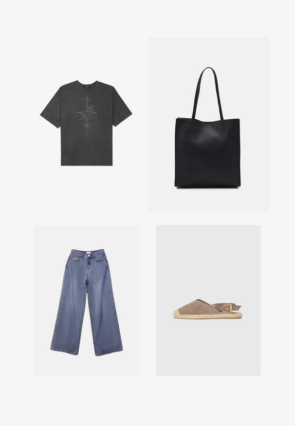 Dark gray oversized t-shirt made of cotton, featuring a central sun graphic with intricate line details printed on the front.; Wide-leg denim jeans in a light blue wash, featuring a high waist, front pockets, and a button closure with belt loops.; Suede slingback sandal in taupe, featuring a pointed toe, braided jute detailing, and a gold-tone buckle accent on the strap.; Black leather tote bag with smooth texture, rectangular shape, and two long handles. No visible hardware or embellishments.