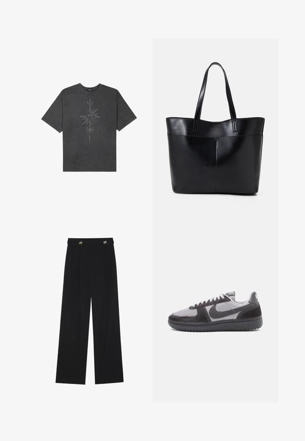 T-shirt oversized cinza escuro feito de algodão, apresentando um gráfico central do sol com detalhes de linhas intrincadas impressos na frente.; Calças largas pretas com cintura alta, detalhes em botão na cintura e pregas frontais.; Sapatilha de cano baixo com tecido em malha cinza, sobreposições texturizadas pretas, sola preta, atacadores brancos e o símbolo da Nike em preto na lateral.; Bolsa tote preta em couro com duas alças longas, textura suave e forma estruturada. Apresenta um bolso frontal para armazenamento adicional.