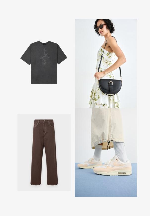 Mörkgrå överdimensionerad t-shirt i bomull, med en central solgrafik med intrikata linjedetaljer tryckta på framsidan.; Bruna vida jeans med kontrasterande sömmar, fem fickor och metalldragknapp. Slät textur, rak skärning.; Lätta Nike Air Max 1-sneakers har en vit och mjuk persikofärgad ovandel med mesh- och lädermaterial, en synlig luftenhet och mönstrad sula.; Svart läderhandväska med en böjd form, avtagbar rem och guldiga detaljer. Väskan har ett lock med en spänndetalj.