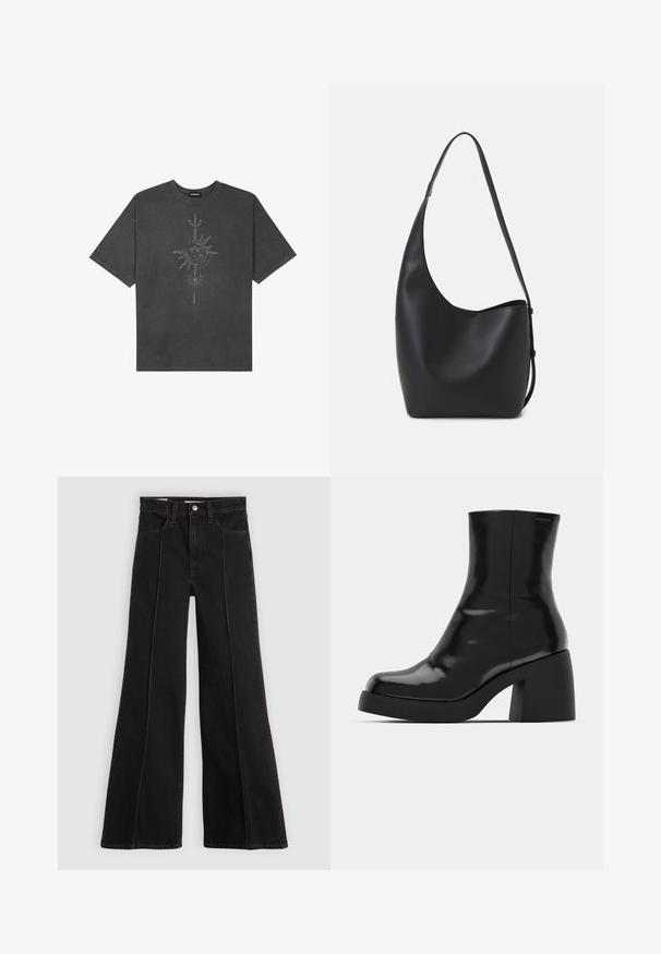 Dark gray oversized t-shirt made of cotton, featuring a central sun graphic with intricate line details printed on the front.; Black high-waist wide-leg jeans with front seam detailing, button closure, belt loops, and front pockets on a plain light background.; Black ankle boots with a glossy finish, square toe, and a thick block heel. The design features a seamless silhouette and minimal branding.; Black leather hobo bag with a smooth texture, curved shape, and single adjustable strap; features a wide opening at the top.