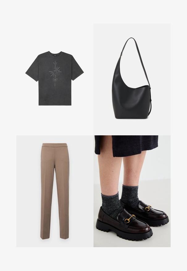 T-shirt surdimensionné gris foncé en coton, avec un graphisme central représentant un soleil, ornée de détails de lignes complexes imprimés sur le devant.; Pantalons bruns ajustés en tissu lisse et extensible. Jambes droites et taille plate sans matériel visible ni poches.; Call it Spring CLUELESSS - Chaussons - dark brown; Sac hobo en cuir noir avec une texture lisse, une forme incurvée et une seule sangle réglable ; dispose d'une large ouverture en haut.