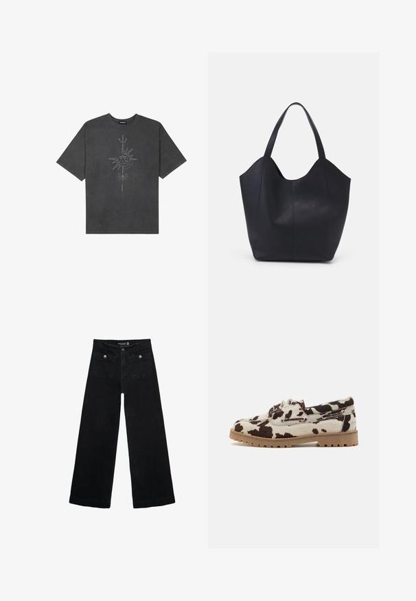 Mørkegrå oversized t-shirt lavet af bomuld, med et centralt solgrafik med indviklede linjedetaljer trykt på forsiden.; Sorte vidde jeans med høj talje, der har to forlommer og metalknapdetaljer. Stoffet har en glat tekstur.; Sko i cowhide-mønster med en cremet bund og mørkebrune pletter, fremstillet med en gummisål og snørelukning.; Sort tote taske lavet af glat læder, med en buet, åben top, to skulderstropper og et minimalistisk design.