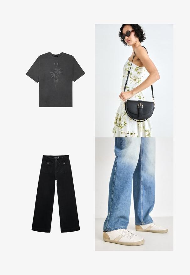 Tamno siva oversized majica od pamuka, s centralnom grafikom sunca s složenim linijskim detaljima ispisanim na prednjoj strani.; Crne široke traperice s visokim strukom, koje imaju dva prednja džepa i metalne gumbe kao ukrase. Tkanina ima glatku teksturu.; Bijele tenisice s bež naglascima i teksturiranim detaljima, uparenim s svijetloplavim, blago oštećenim trapericama, opuštenog kroja.; Crna kožna torba s lukovitim oblikom, odvojivim remenom i zlatnim detaljima. Torba ima preklop s kopčom.