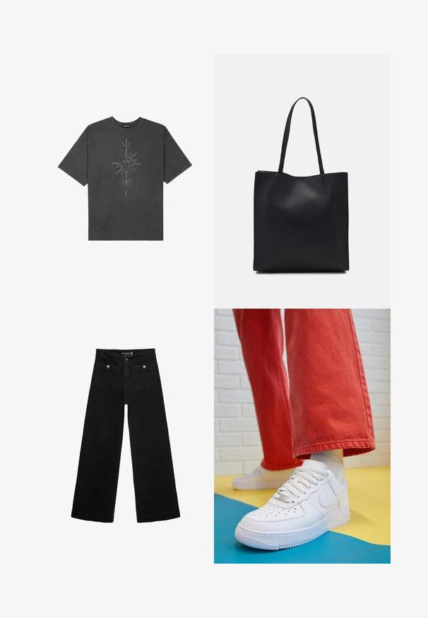 Tmavě šedé oversized tričko vyrobené z bavlny, s centrálním slunečním grafickým motivem s propracovanými liniemi potištěným na přední straně.; Černé široké džíny s vysokým pasem, obsahující dvě přední kapsy a kovové knoflíkové detaily. Látka má hladkou texturu.; Bílé kožené tenisky s perforovanou špičkou, texturovanou podešví a bílými tkaničkami, v kombinaci s širokými červenými kalhotami a modro-žlutým pozadím.; Černá kožená taška přes rameno s hladkým povrchem, obdélníkovým tvarem a dvěma dlouhými uchy. Žádné viditelné kování ani ozdoby.