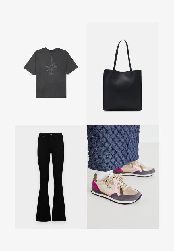 Tricou oversized de culoare gri închis, realizat din bumbac, având un grafic central cu soare, cu detalii complexe imprimat pe față.; Jeans negri cu talie înaltă, cu închidere prin nasture și fermoar, buzunare frontale și picioare evazate, așezați pe un fundal alb.; Adidași în nuanțe de bej, gri și roz, cu un amestec de piele netedă și suede. Completați cu șireturi și o talpă albă în contrast.; Geantă tote neagră din piele, cu textură netedă, formă rectangulară și două mânere lungi. Fără hardware vizibil sau ornamente.