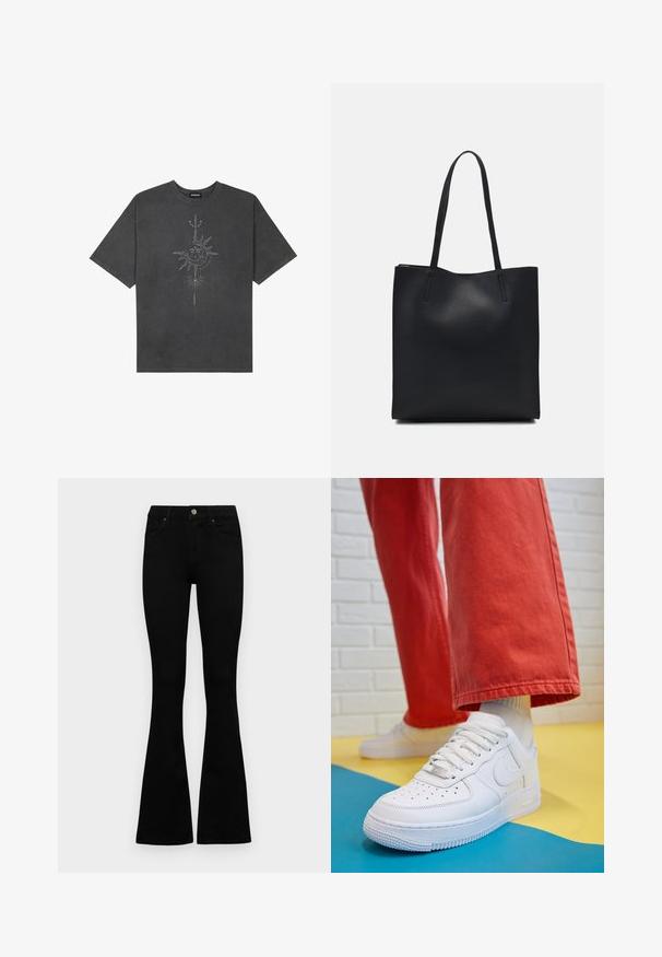 Tumehall pehmea t-särk, mis on valmistatud puuvillast, esiküljel on keeruliste joontega trükitud keskmine päikesegraafika.; Mustad kõrge vöökohtadega teksad, millel on nööp ja lukuga sulgemine, esikäe taskud ja laienevad sääred, asetatud tasasele valgele taustale.; Valge nahast tennis, millel on perforeeritud varvas, tekstureeritud tallad ja valged shoelaces, kombineeritud laia punase pükste ja sinise ning kollase taustaga.; Mustast nahast kott sujuva tekstuuriga, ristkülikukujuline ja kahe pika sangaga. Pole nähtavat riistvara ega kaunistusi.