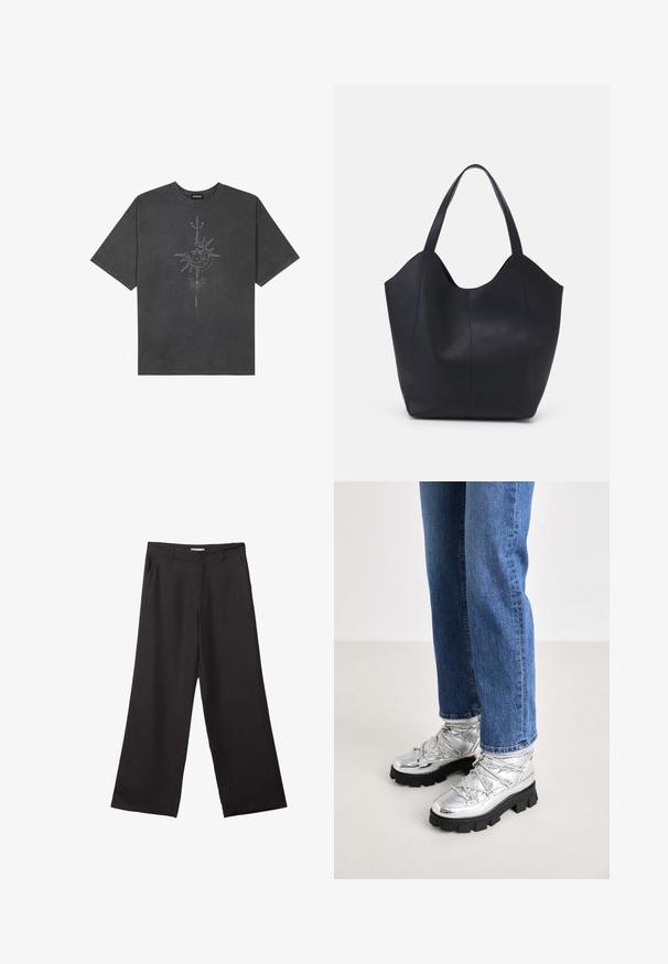 Tmavosivý oversized tričko vyrobené z bavlny, s centrálnou grafikou slnka s prepracovanými líniovými detailmi potlačenými na prednej strane.; Čierne široké nohavice vyrobené z hladkej tkaniny, so zipsom vpredu a dvoma bočnými vreckami, s prispôsobeným strihom a minimalistickým dizajnom.; Metalické strieborné členkové topánky s robustnou čiernou podrážkou, so vypolstrovaným zvrškom a šnúrkami, v kombinácii s modrými rovnými džínsami.; Čierna taška s dlhým uchom vyrobená z hladkej kože, s oblým otvoreným vrchom a dvoma ramennými popruhmi, minimalistického dizajnu.