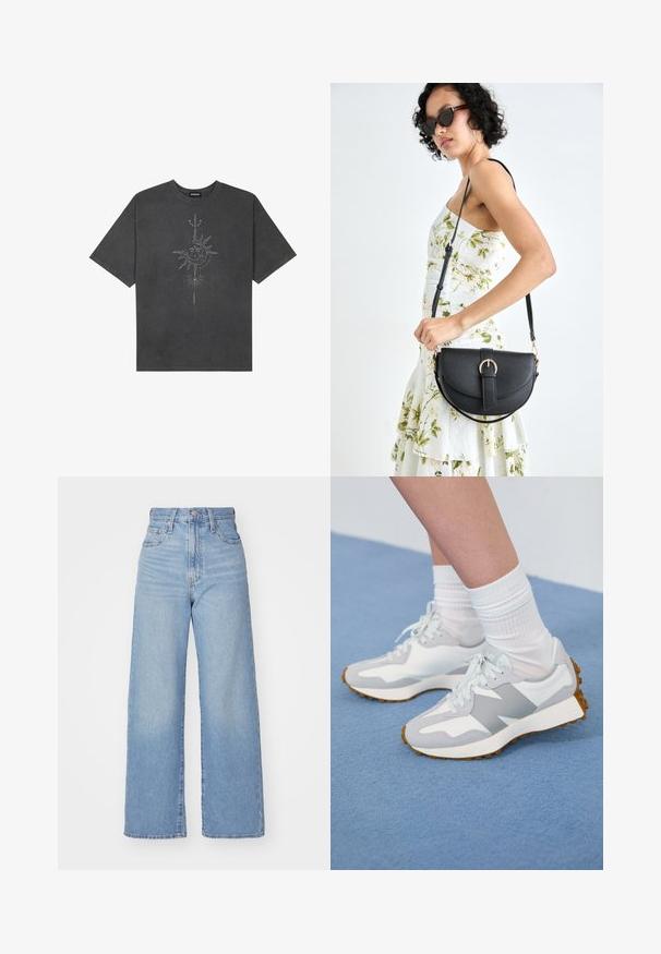 T-shirt surdimensionné gris foncé en coton, avec un graphisme central représentant un soleil, ornée de détails de lignes complexes imprimés sur le devant.; Jean large en denim bleu clair. Avec taille haute, conception à cinq poches et fermeture à bouton. Coupe droite avec un ourlet net.; Baskets de sport gris clair avec des accents blancs, en tissu texturé et semelles en caoutchouc, portées avec des chaussettes blanches côtelées sur une surface bleue.; Sac à main en cuir noir avec une forme courbée, bandoulière amovible et des accessoires en or. Le sac est doté d'un rabat avec un détail de boucle.