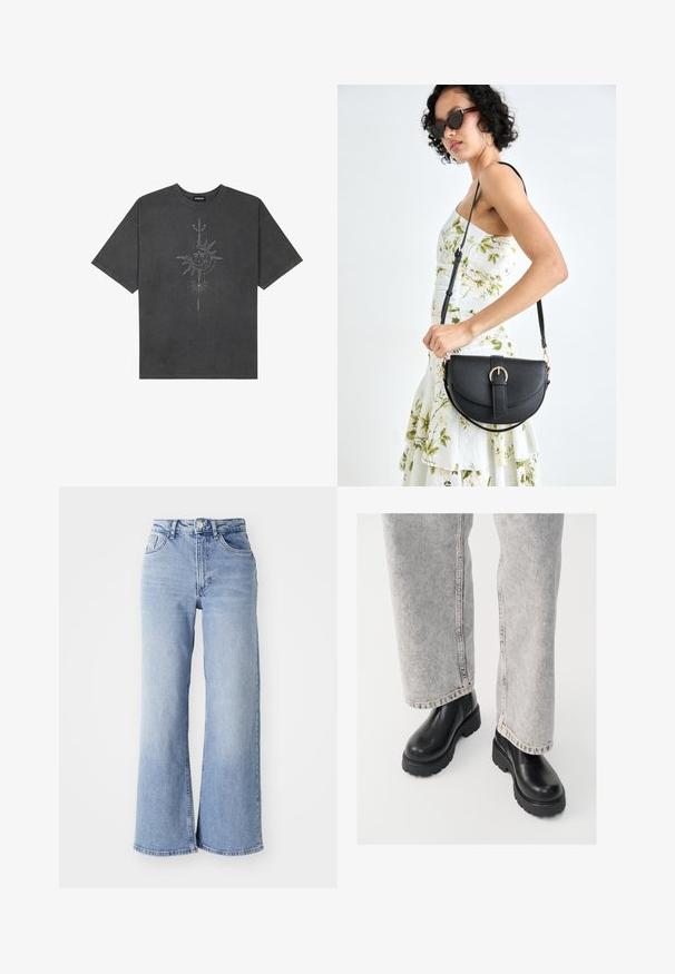T-shirt oversized cinza escuro feito de algodão, apresentando um gráfico central do sol com detalhes de linhas intrincadas impressos na frente.; Jeans de cintura alta, de perna larga, em azul claro, com bolsos frontais e traseiros, fecho de botão e desbotamento subtil nas coxas e nas bainhas.; Vagabond COSMO - Botas de tornozelo com plataforma - black; Bolsa de couro preta com forma curva, alça destacável e detalhes em dourado. A bolsa possui uma aba com detalhe de fivela.