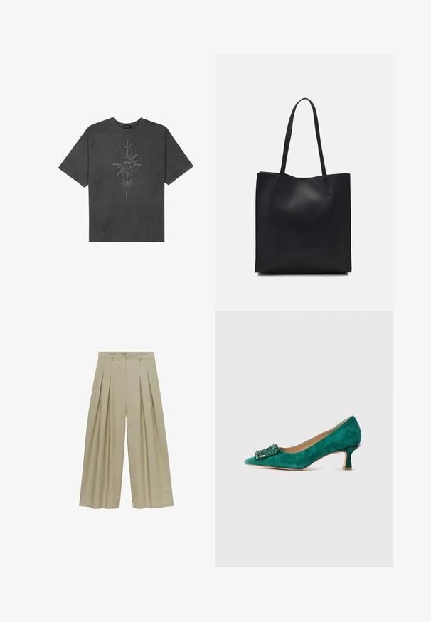 Donkergrijze oversized t-shirt van katoen, voorzien van een centrale zonafbeelding met ingewikkelde lijndetails die op de voorkant zijn gedrukt.; Mango Broek - light green; Groene suède kitten heel schoen met een spitse neus en een decoratieve juwelen gesp aan de voorkant, weergegeven in zijprofiel op een witte achtergrond.; Zwarte leren handtas met een gladde textuur, rechthoekige vorm en twee lange handvaten. Geen zichtbare hardware of versieringen.