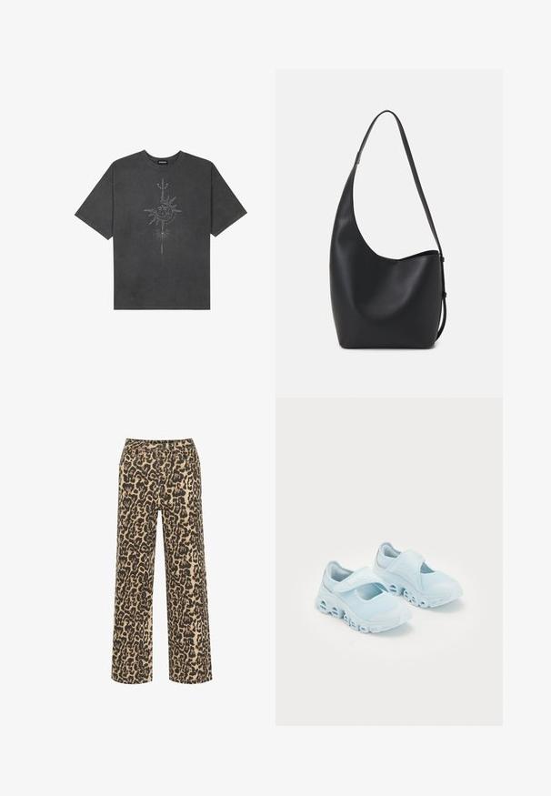 Tumši pelēks, pārspīlēts T-krekls, izgatavots no kokvilnas, ar centrālo saules grafiku ar sarežģītām līniju detaļām, kas izdrukātas priekšpusē.; Leoparda raksta platās bikses beigas un melnā krāsā, ar pogu aizdari un vairākām kabatām, izgatavotas no teksturēta auduma.; Gaišzili sporta apavi ar sieta audumu, izteikti izgriezumi zolē un Velcro siksna virsū, lai nodrošinātu drošu piestiprināšanu.; Melnas ādas hobo soma ar gludu tekstūru, izliekta forma un vienu regulējamu jostu; augšā ir plaša atvere.