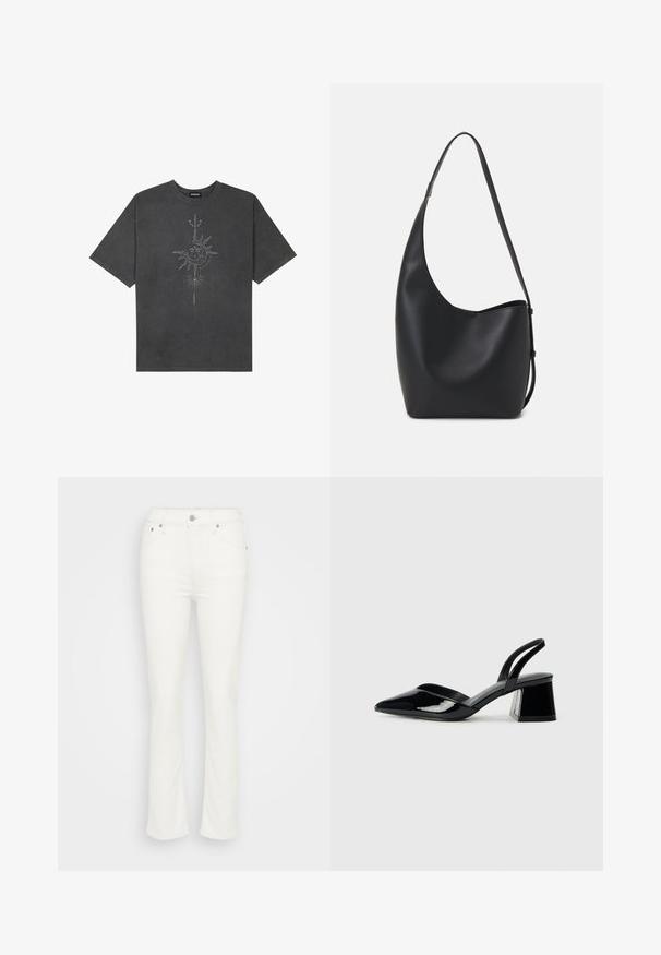 Tmavosivý oversized tričko vyrobené z bavlny, s centrálnou grafikou slnka s prepracovanými líniovými detailmi potlačenými na prednej strane.; Biele riflové zvonové džínsy s stredne vysokým pásom, predným zapínaním na gombík a minimálnym prešívaním, ktoré poskytujú hladkú textúru.; Čierne lakované kožené sandálové podpätky s špicatou špičkou a geometrickým blokovým podpätkom. Disponujú elegantným, minimalistickým dizajnom a hladkým povrchom.; Čierna kožená hobo taška so hladkou textúrou, zakriveným tvarom a jedným nastaviteľným popruhom; má široké otvorenie na vrchu.