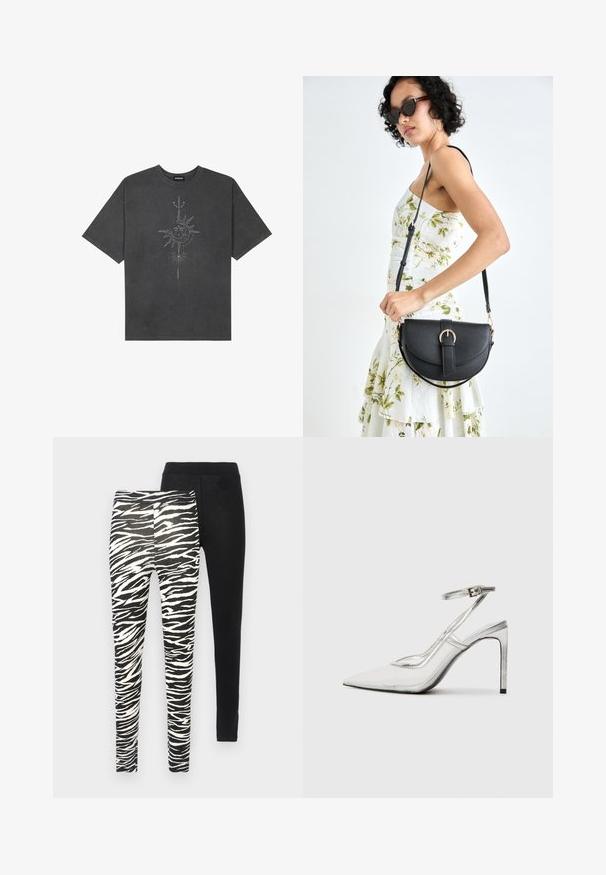 Tricou oversized de culoare gri închis, realizat din bumbac, având un grafic central cu soare, cu detalii complexe imprimat pe față.; Două perechi de colanți: una cu un model în dungi zebrate alb-negru, cealaltă neagră solid. Ambele sunt echipate cu brâuri elastice.; Pantofii cu toc stiletto clar, cu vârful ascuțit, material transparent, accente metalice argintii și curea ajustabilă pentru glezne.; Geantă din piele neagră, cu o formă curbată, curea detașabilă și accesorii aurii. Geanta are un capac cu un detaliu tip cataramă.