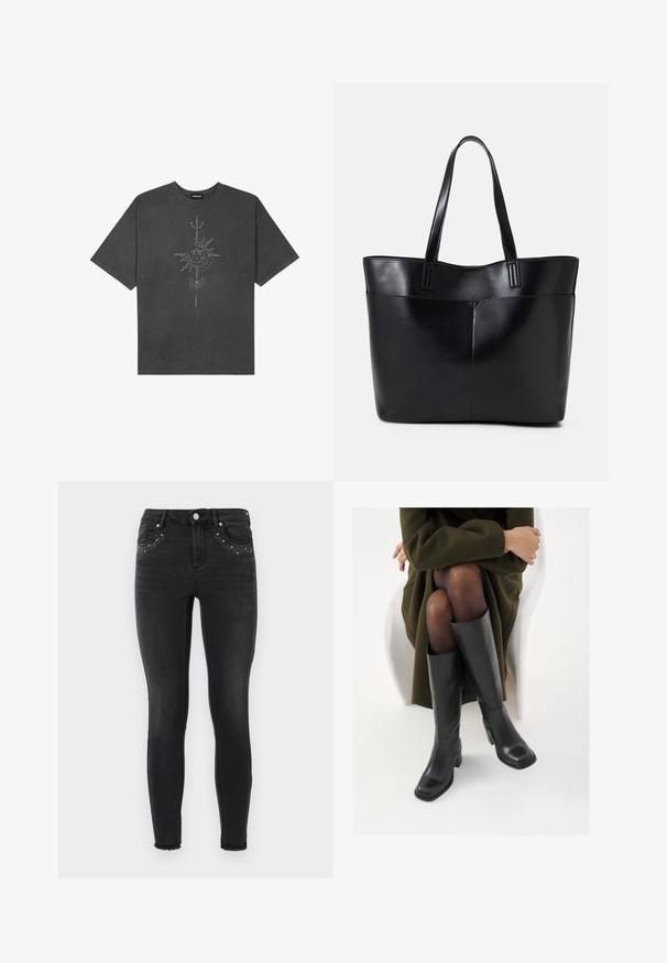 Tumehall pehmea t-särk, mis on valmistatud puuvillast, esiküljel on keeruliste joontega trükitud keskmine päikesegraafika.; Mustad musta džinsid, millel on kerge läikeefekt. Ees on nööbitud kaunistused ja pahkluude juures on kulunud äär.; Knee-high mustad nahast saapad nelinurkse varbaga ja plokilise kontsaga, esitatud mudeli kõrval, kes istub oliivirohelises mantlis. Sujuv tekstuur, minimaalne detailide arv.; Must mustaga musta nahast, millel on kaks pikka kanda, sile tekstuur ja struktureeritud kuju. Esipoolsel on lisakoti jaoks tasku.