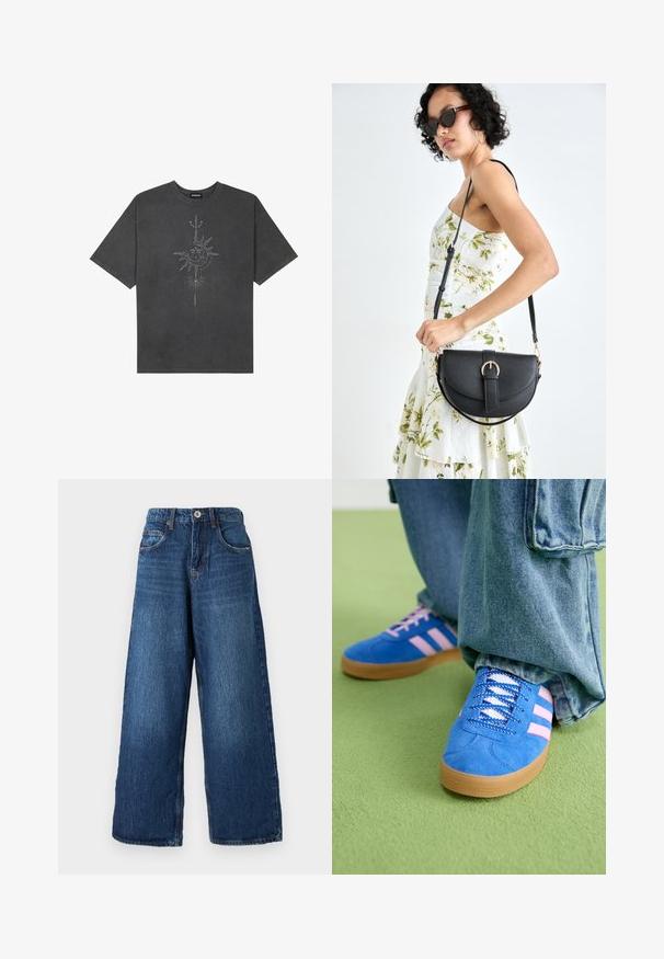 Temno siva oversize majica iz bombaža, z centralno grafiko sonca z zapletenimi črtnimi podrobnostmi natisnjenimi spredaj.; Široke denimske hlače v temno modri barvi, ki imajo klasičen pet pockets design, z gumbom za zapiranje in rahlim bledenjem na tkanini.; Modri semiš čevlji z rožnatimi črtami in belimi vezalkami, z gumijastim podplatom, v kombinaciji z ohlapnimi jeans hlačami na zeleni površini.; Črna usnjena torbica s ukrivljeno obliko, z odstranljivo naramnico in zlatimi dodatki. Torbica ima pokrov s podrobnostmi v obliki zaponke.