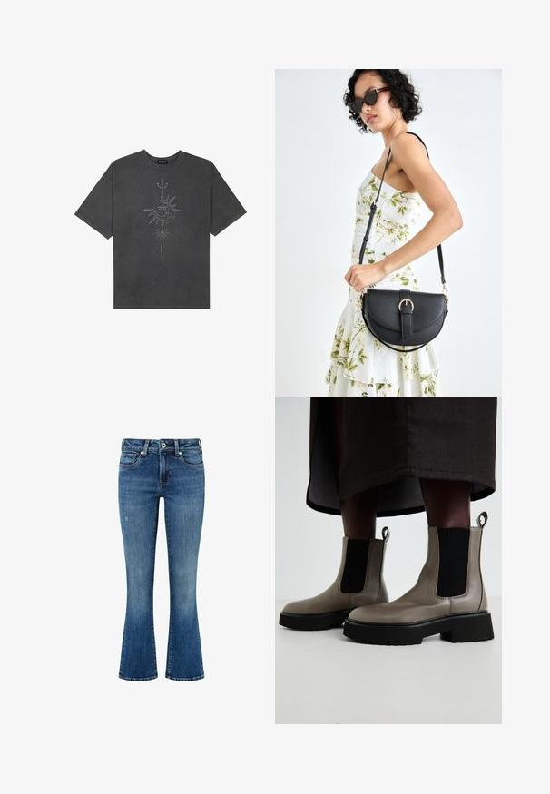 Tumehall pehmea t-särk, mis on valmistatud puuvillast, esiküljel on keeruliste joontega trükitud keskmine päikesegraafika.; Keskmise sinise tooniga denimist flare-tepitud teksad, millel on pleekinud viimistlus. Omab viit taskut, vöökohavöösid ning kontrastset õmblust õmbluste ääres.; Hallide hallukad, mis on valmistatud tekstuursest nahast, millel on elastsed külgpaneelid ja massiivne must tald. Omab tõmblukke mugavaks selga panemiseks.; Mustmust mustraha kõverate joontega, eemaldatava rihmaga ja kuldsete detailidega. Kotil on klapp, millel on pandladetail.